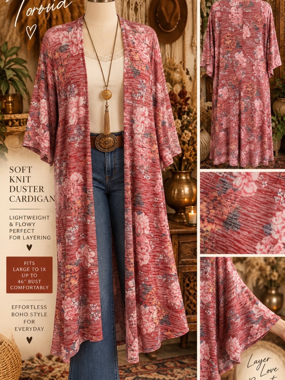 TORRID- Autumn Pink Floral - Soft Knit Duster Cardigan